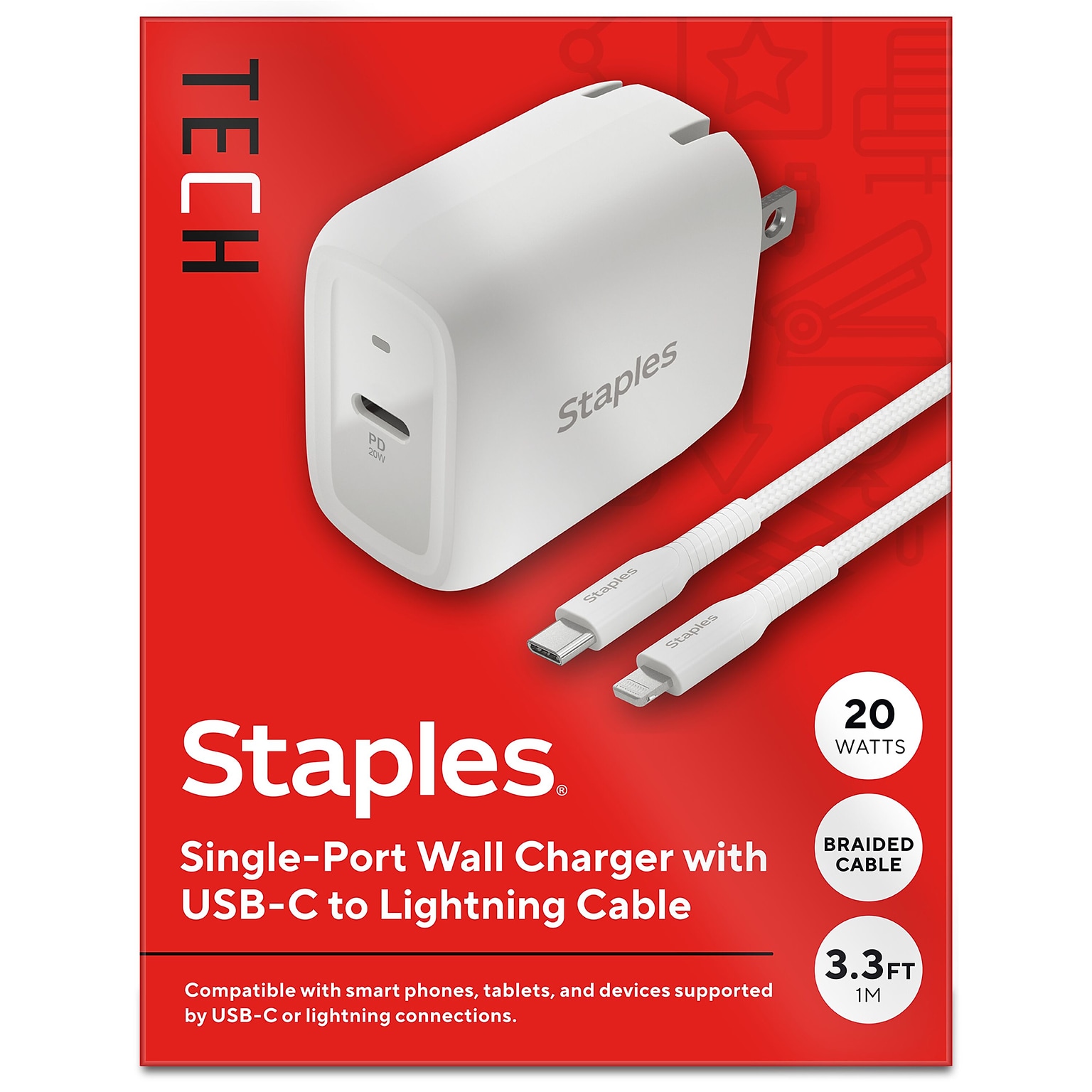 Staples TECH USB-C Wall Charger with Cable, 20W, White (ST62321)