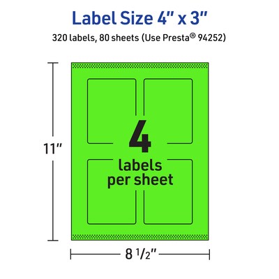 Avery Laser/Inkjet Multipurpose Rectangle Labels, 4" x 3", Neon Green, 320/Box (94252)