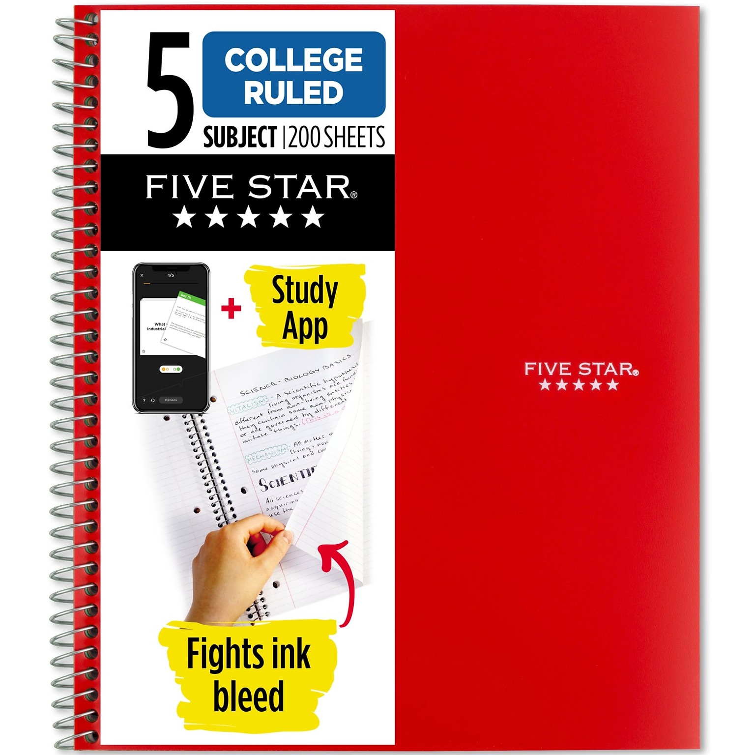 Five Star 5-Subject Notebook, 8.5 x 11, College Ruled, 200 Sheets, Red (72077)
