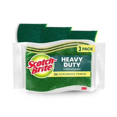 Scotch-Brite Heavy Duty Sponge with Scrubber, Green/Yellow, 3 Sponges/Pack (HD3)