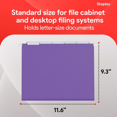 Staples Hanging File Folders, 1/5-Cut Tab, Letter Size, Purple, 25/Box (ST419200-CC)
