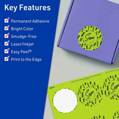 Avery Laser/Inkjet Multipurpose Circle Labels, 2.75 Dia., Bright Green, 60/Pack (94512)