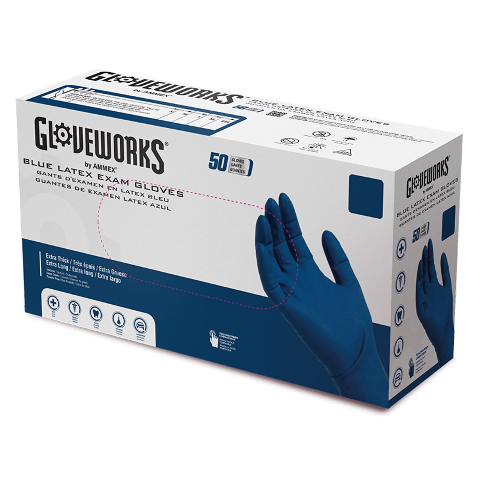 GloveWorks Powder Free Latex Food Safe Exam Gloves, Large, Blue, 50 Gloves/Box (GPLHD86100)