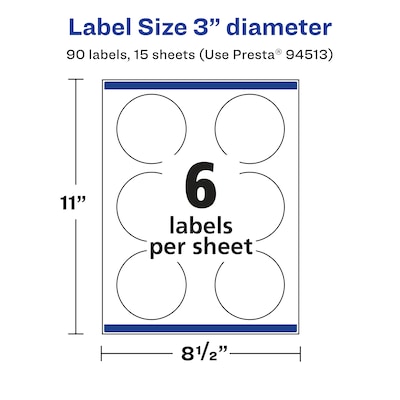 Avery Laser/Inkjet Waterproof Round Multipurpose Labels, 3" Dia., White, 90 Labels/Pack (94513)