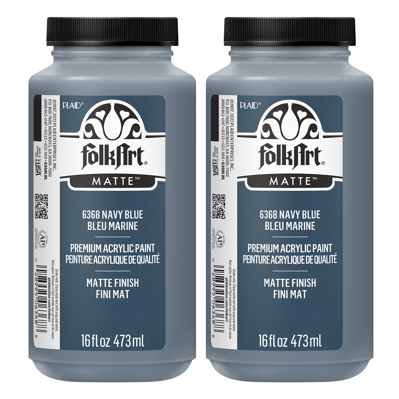 FolkArt Acrylic Paint Matte, 16oz., Navy Blue, 2/Pack (FLK6368-2)