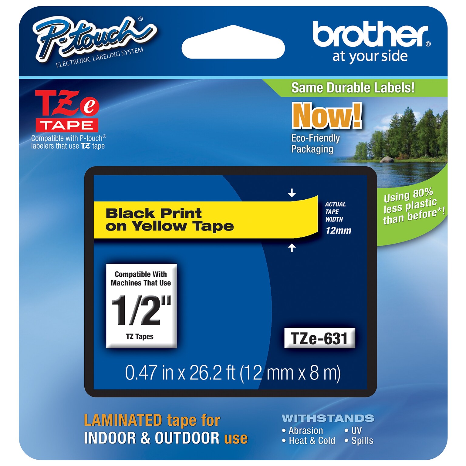 Brother P-touch TZe-631 Laminated Label Maker Tape, 1/2 x 26-2/10, Black On Yellow (TZe-631)