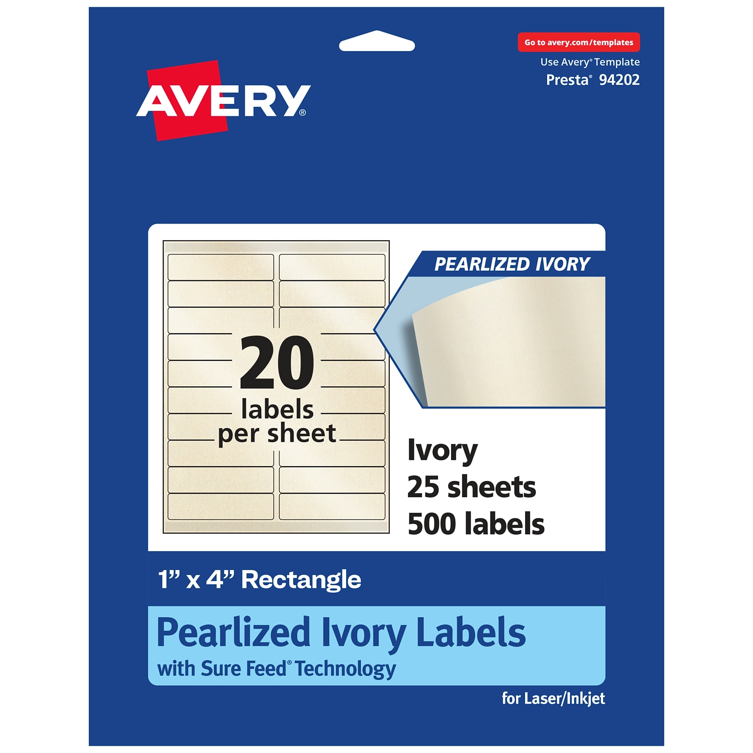Avery Pearlized Ivory Rectangle Multipurpose Labels, 1 x 4, Ivory, 500/Pack (94202)