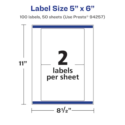Avery Laser/Inkjet Rectangle Waterproof Multipurpose Labels, 6"  x 5", White, 100/Box (94257)