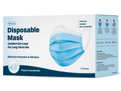 WeCare Disposable Face Mask, Adult, Blue, 50/Box (WMN100040)