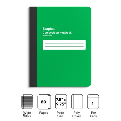 Staples Poly Composition Notebook, 7.5 x 9.75, Wide Ruled, 80 Sheets, Green (ST55085)