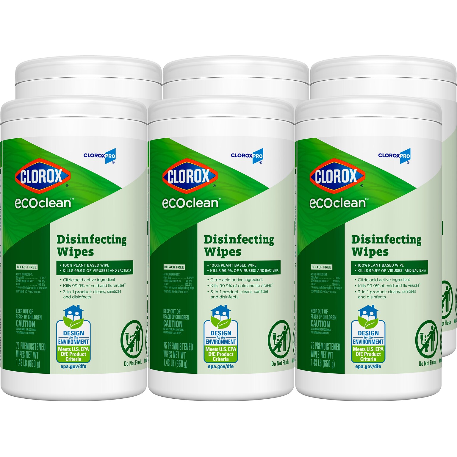Clorox EcoClean Disinfecting Wipes, 75 Wipes/Container, 6/Pack (60605)
