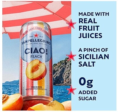 SANPELLEGRINO CIAO! Peach Flavored Sparkling Seltzer Water, 11.15 oz., 6 Cans/Box (0-41508-76547-3)