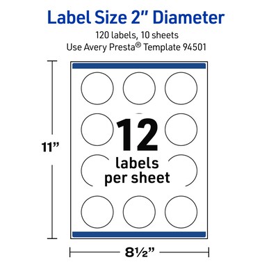 Avery Round Laser Multipurpose Labels, 2" Dia., White, 120/Pack (19479399404)