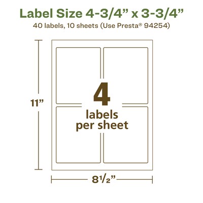 Avery EcoFriendly Laser/Inkjet Rectangle Multipurpose Labels, 4-3/4" x 3-3/4", White, 40/Pack (94254)