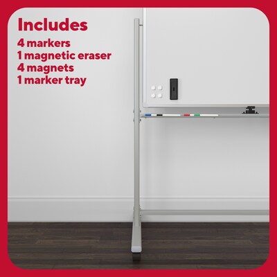 TRU RED™ Magnetic Painted Steel Mobile Dry Erase Board, Aluminum Frame, 4' x 3' (TR62619)