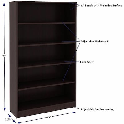 Lorell Essentials 60" 5-Shelf Bookcase with Adjustable-Shelves, Espresso Laminate (LLR18250)