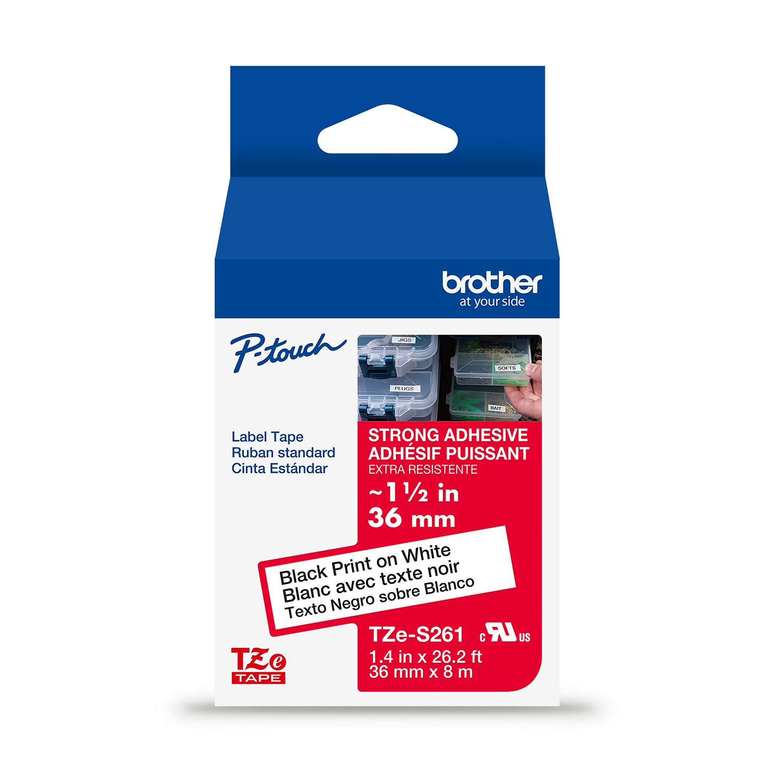 Brother P-touch Strong Adhesive Laminated Label Tape, ~1-1/2 x 26.2, Black on White (TZeS261)