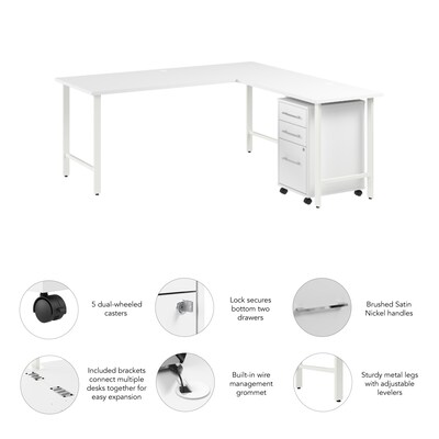 Bush Business Furniture Hustle 72"W L Shaped Computer Desk with 3 Drawer Mobile File Cabinet, White (HUS013WH)