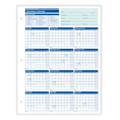 ComplyRight 2023-2024 Fiscal Attendance Calendar, 50/Pack (A42005015)