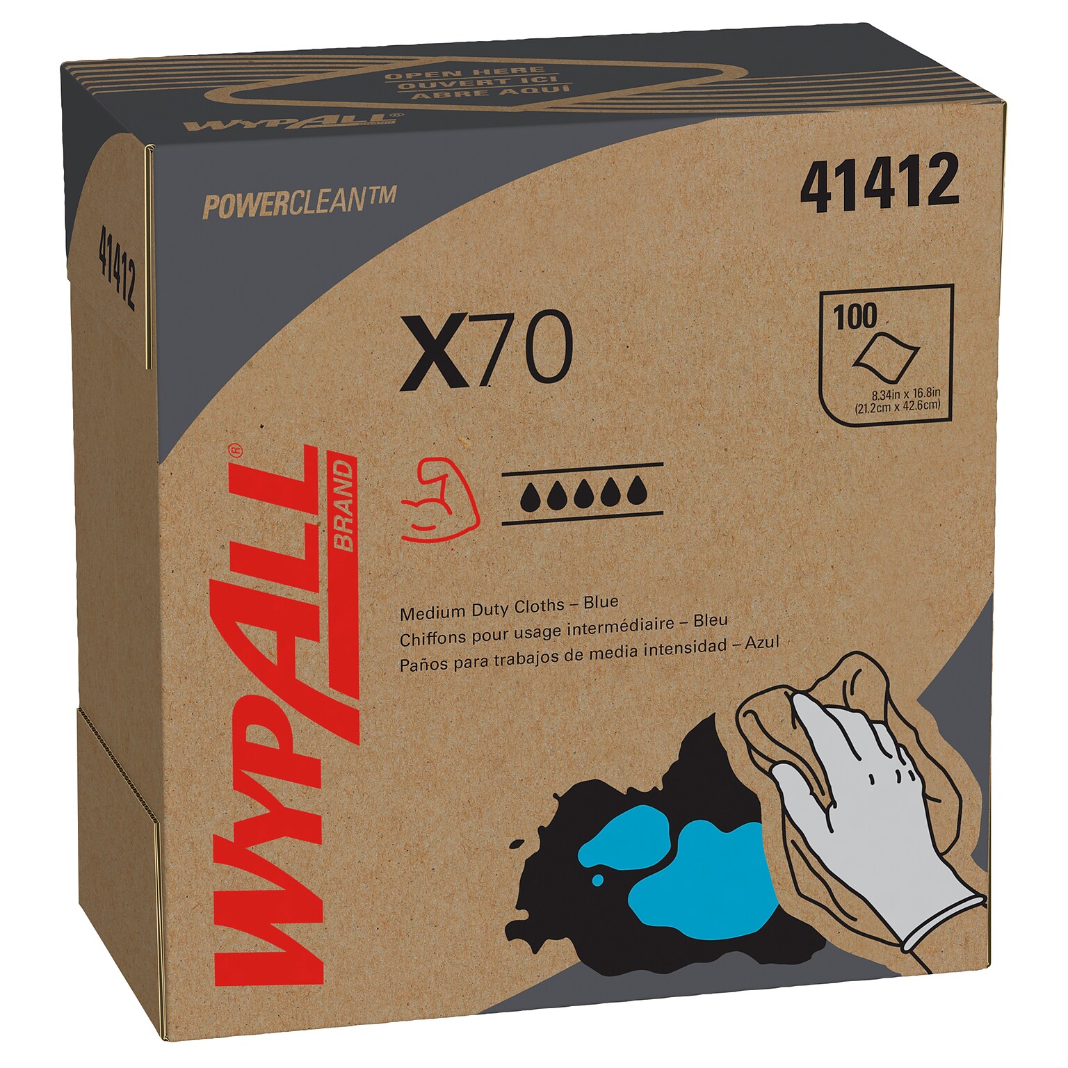 WypAll PowerClean X70 Cloths, 8.34 x 16.8, Blue, 100 Sheets/Box, 10 Boxes/Carton (41412)