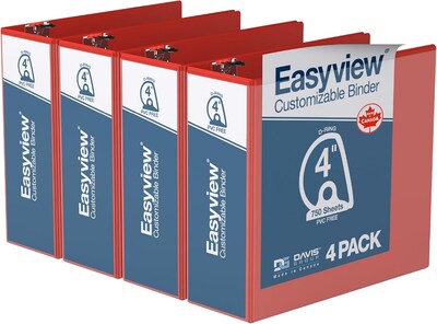 Davis Group Easyview Premium 4 Angle D Ring, Customizable, View Binder, Red, 4/Pack (8406-03)