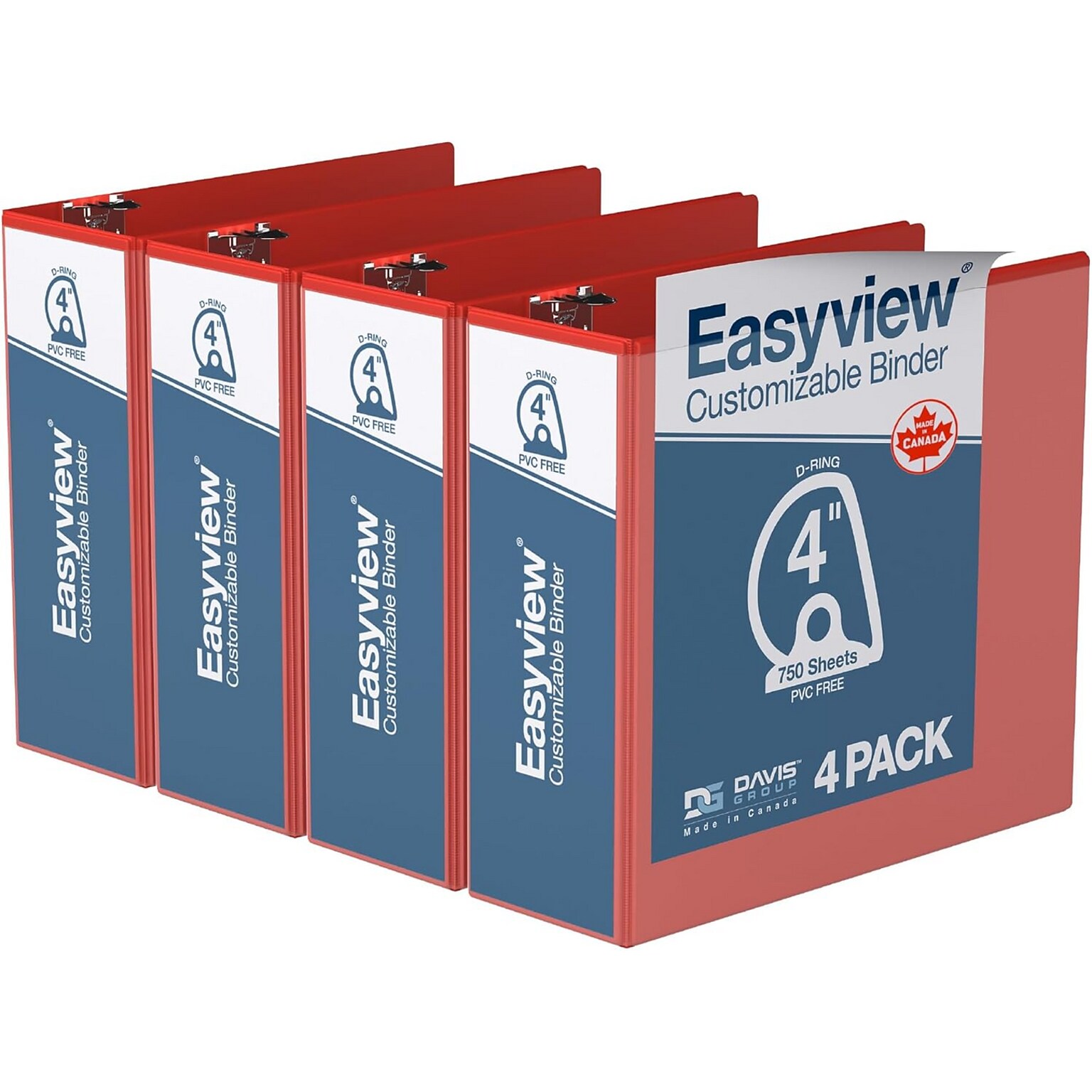 Davis Group Easyview Premium 4 Angle D Ring, Customizable, View Binder, Red, 4/Pack (8406-03)