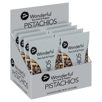 Wonderful Pistachios Sea Salt & Pepper Pistachios, 2.25 oz., 8 Bags/Box (SP0146A25M)