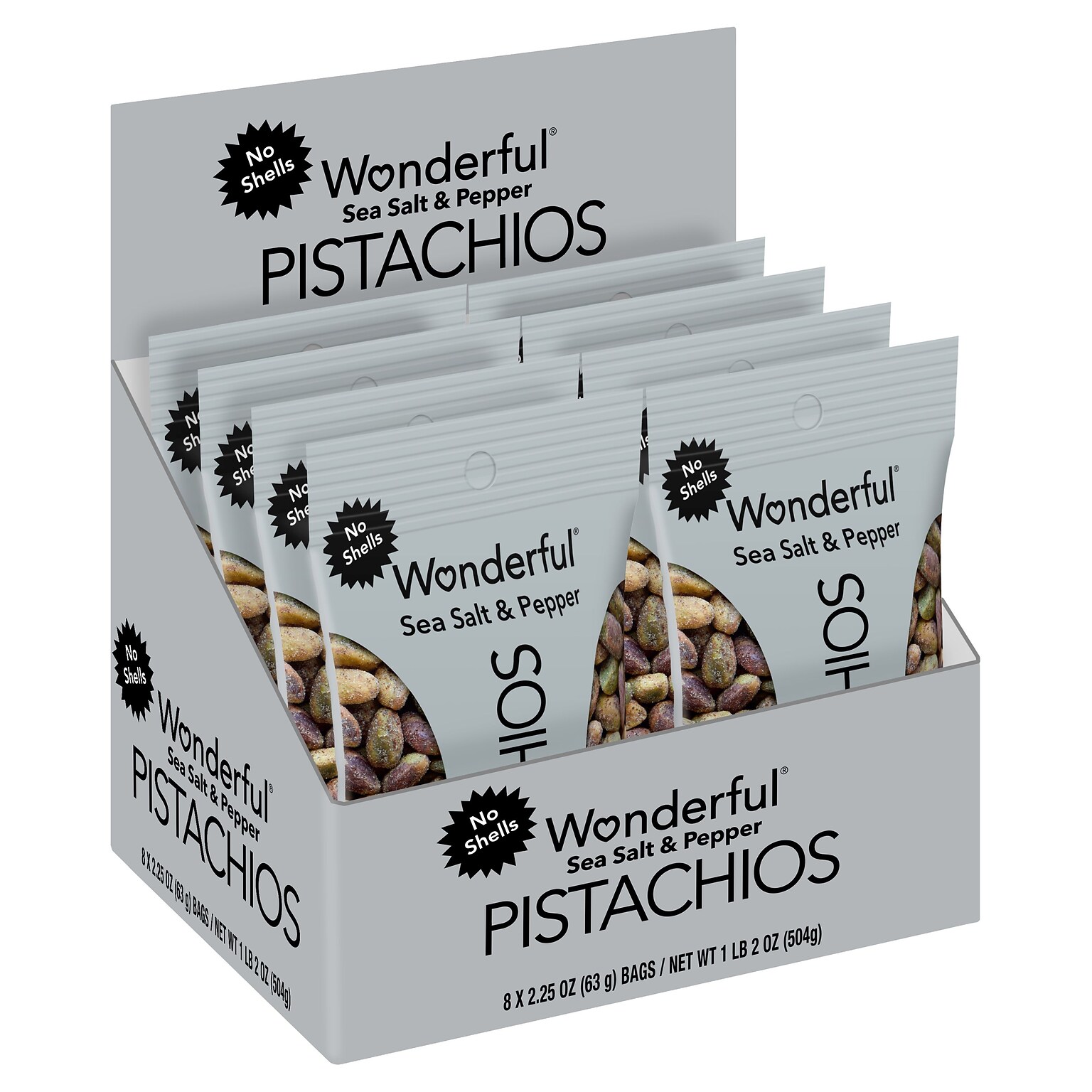 Wonderful Pistachios Sea Salt & Pepper Pistachios, 2.25 oz., 8 Bags/Box (SP0146A25M)
