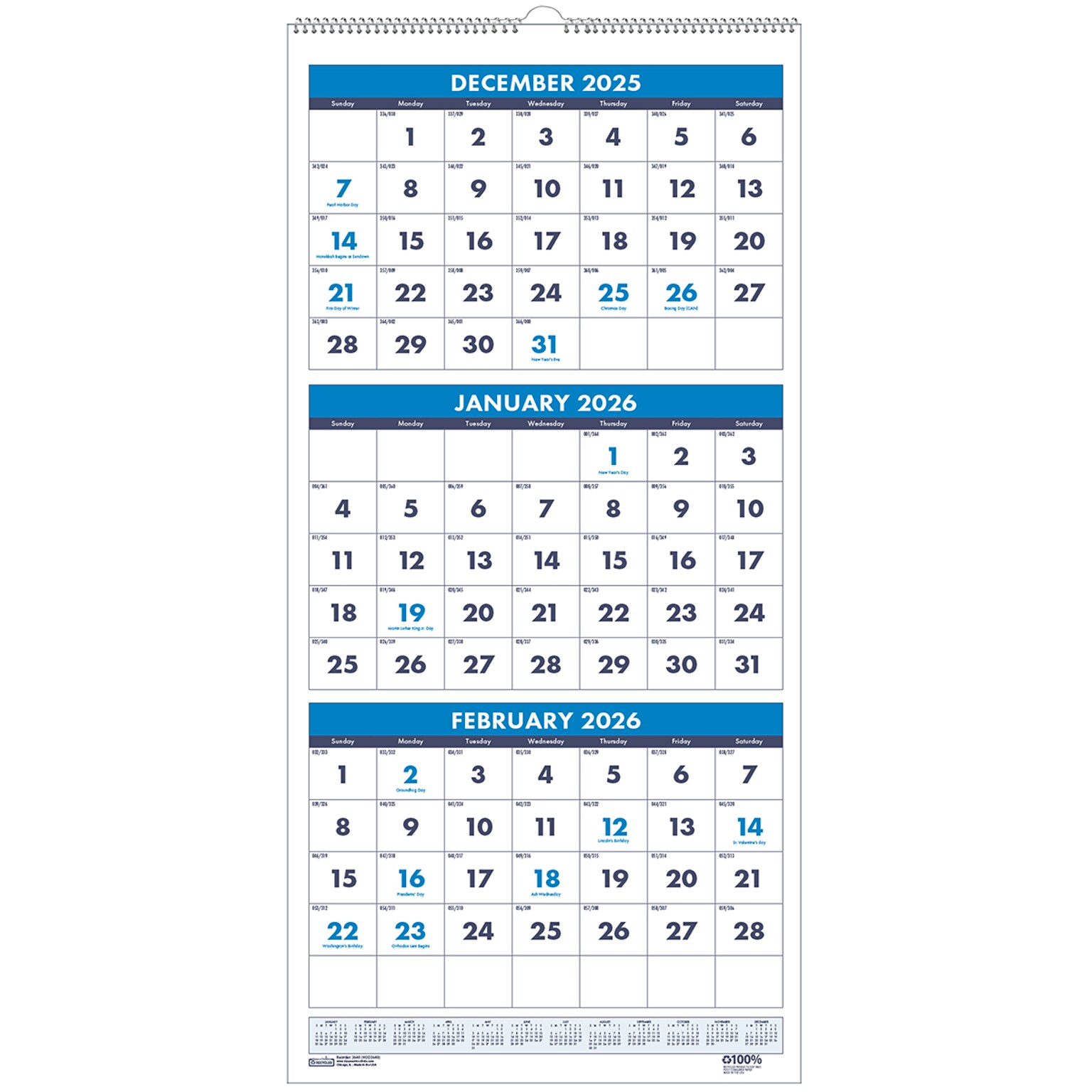 2026 House of Doolittle 12.25 x 26 Three-Month Wall Calendar, Blue (3640-26)