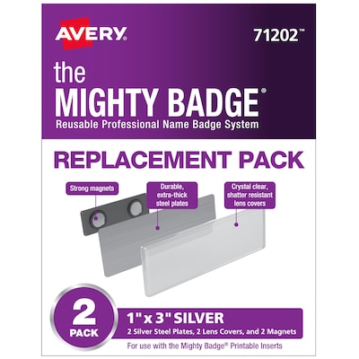 Avery The Mighty Badge Inkjet Reusable  Magnetic Name Badge Replacement Pack, 1 x 3, Silver, 2/Pack (71202)