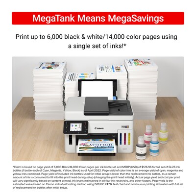 Canon Maxify GX6120 Wireless Color All-In-One Supertank Inkjet Printer, Best for Home Office (6882C002AA)