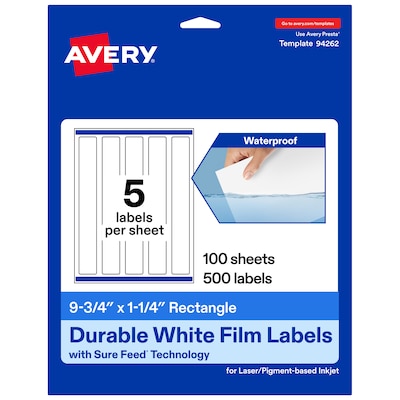 Avery Laser/Inkjet Rectangle Waterproof Multipurpose Labels, 1.25  x 9.75, White, 500/Box (94262)