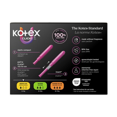 U by Kotex Click Regular Absorbency Compact Tampon, Plastic Applicator, Unscented, 32/Pack (51583)