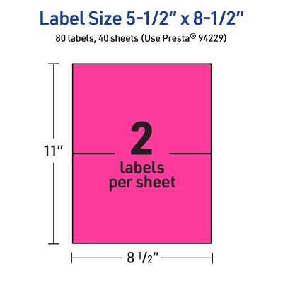 Avery Laser/Inkjet Rectangle Multipurpose Labels, 5.5" x 8.5", Neon Magenta, 80/Pack (94229)