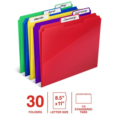 Staples File Folder, 1/3-Cut Tab, Letter Size, Plastic, Assorted Colors, 30/Box (ST62541)