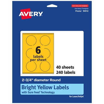 Avery Round Laser/Inkjet Multipurpose Labels, 2.75 Dia, Bright Yellow (240/Box)