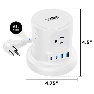 Uncaged Ergonomics Retractable Cube 6' Extension Cord, 4-Outlet, 18 AWG, White (RC-WHITE)