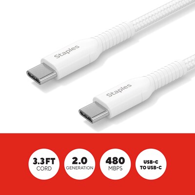 Staples TECH USB-C to USB-C Charging Cable, 3.3 ft., 480 Mbps, White (ST62334)