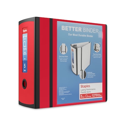 Staples® Better 5 3 Ring View Binder with D-Rings, Red (27924)
