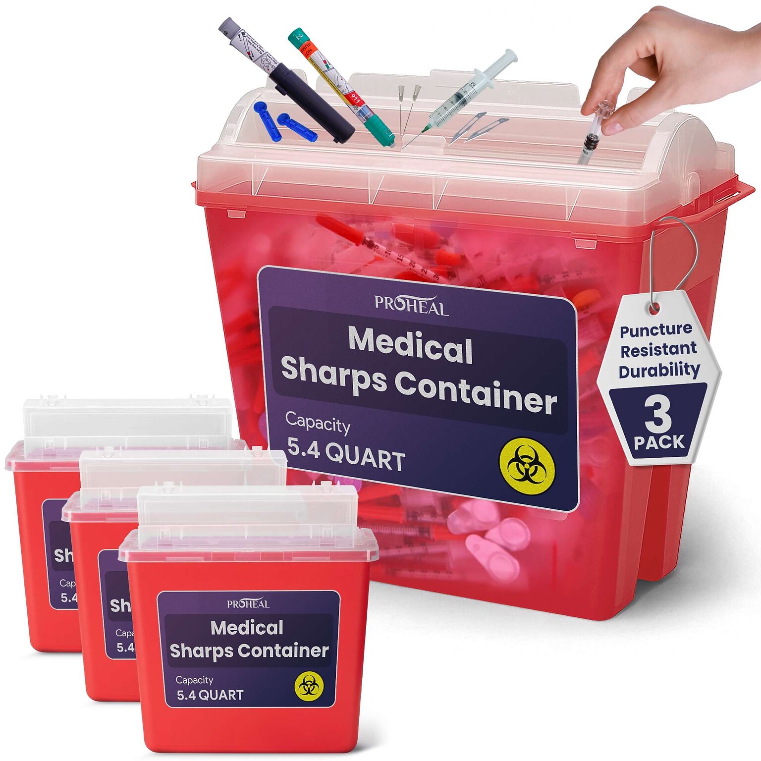 ProHeal Large Sharps Containers for Home Use, 5.4 Quart Needle Disposal for Biohazard Medical Waste, 3/Pack (PH-16386H)
