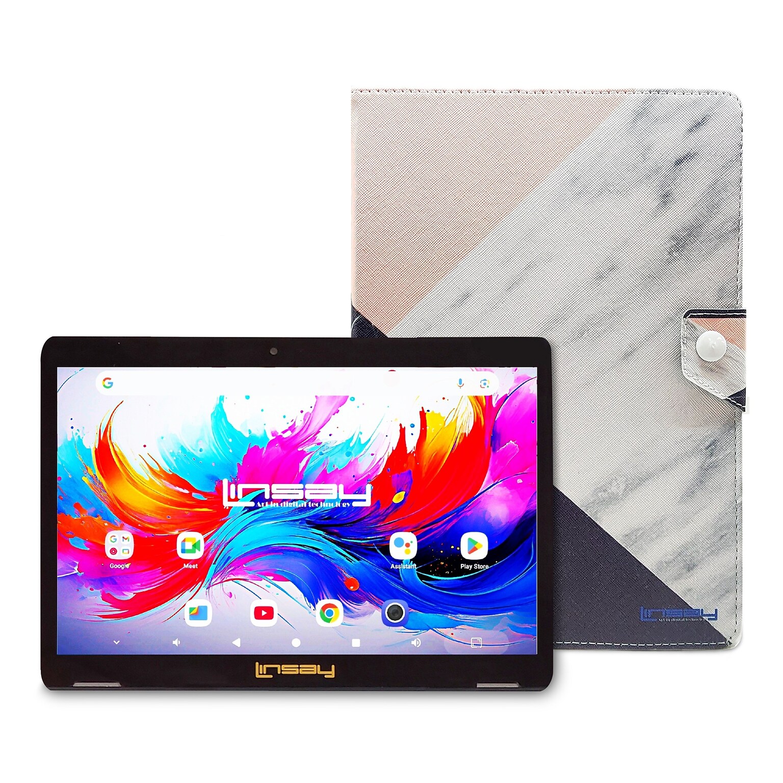 LINSAY F10 Series 10.1 Tablet, Wi-Fi, Octa Core, 256GB eMMC, Android 15, Black Pink White Marble Case (F10IPGCBPWPLUS)