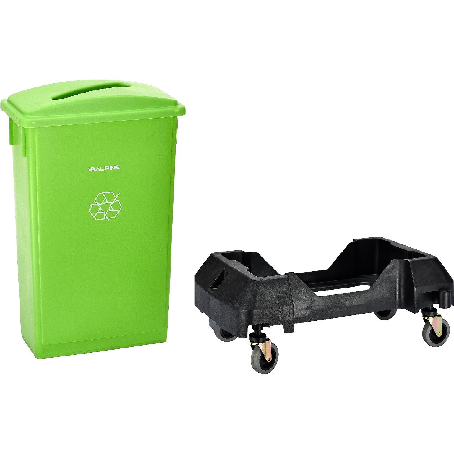 Alpine Industries Polypropylene Recycling Bin with Lid and Dolly, 23 Gallon, Lime Green (ALP477-LGRN4-PKD)