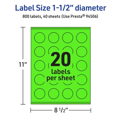 Avery Laser/Inkjet Multipurpose Circle Labels, 1.5" Dia., Neon Green, 800/Pack (94506)