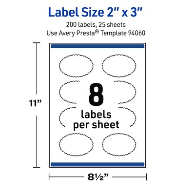 Avery Oval Scalloped Laser Multipurpose Labels, 2" x 3", White, 200/Pack (19479399201)