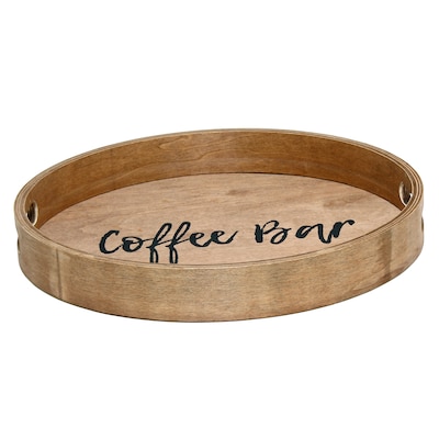 Elegant Designs "Coffee Bar" Decorative 13.75" Round Wood Serving Tray w/ Handles, Natural Wood (HG2013-NCB)