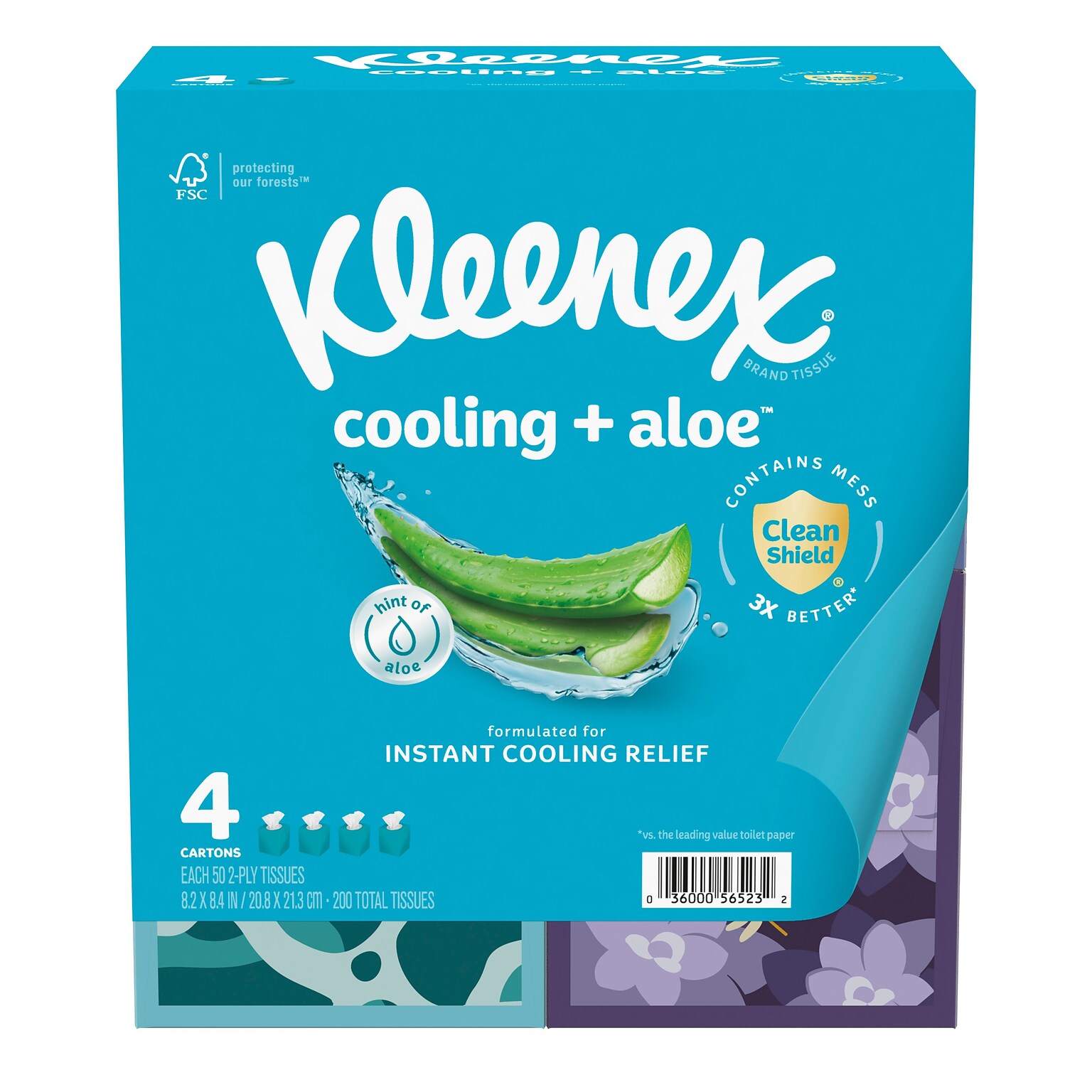 Kleenex Cooling + Aloe Facial Tissue, 2-ply, 50 Tissues/Box, 4 Boxes/Pack (56523)