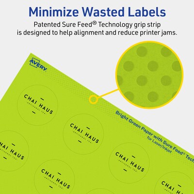 Avery Laser/Inkjet Multipurpose Circle Labels, 1.5" Dia., Bright Green, 200/Pack (94506)