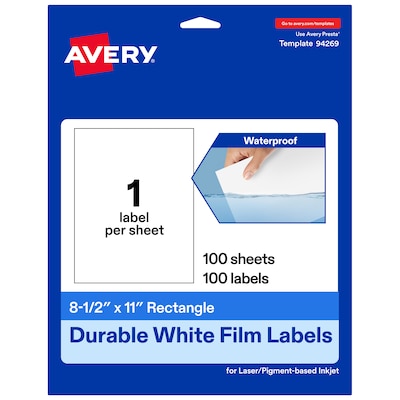 Avery Laser/Inkjet Rectangle Multipurpose Labels, 8.5 x 11, White, 100 Labels/Box (94269)