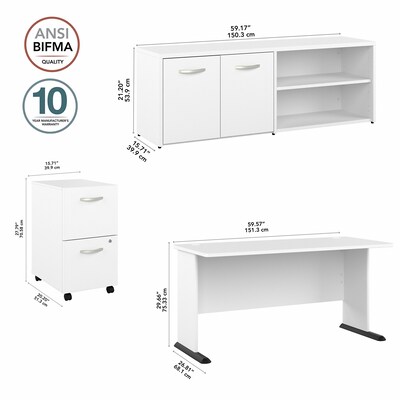 Bush Business Furniture Studio A 60"W Computer Desk with Mobile File Cabinet and Low Storage Cabinet, White (STA006WHSU)