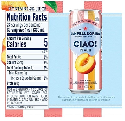 SANPELLEGRINO CIAO! Peach Flavored Sparkling Seltzer Water, 11.15 oz., 6 Cans/Box (0-41508-76547-3)